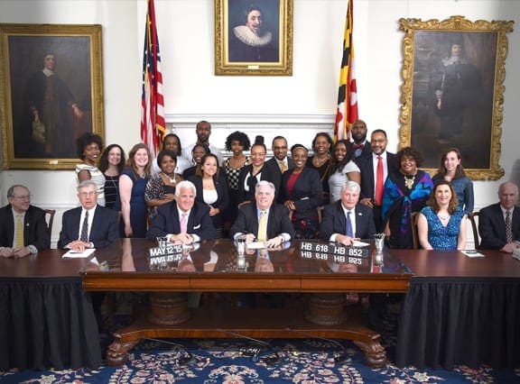 In 2015, Governor Larry Hogan signed Maryland’s new law that keeps most youth in juvenile facilities while they await trial in adult courts. Among those looking on are young advocates associated with Public Welfare Foundation grantees Campaign for Youth Justice and Community Law In Action (Just Kids Campaign). Photo credit: Executive Office of the Governor.