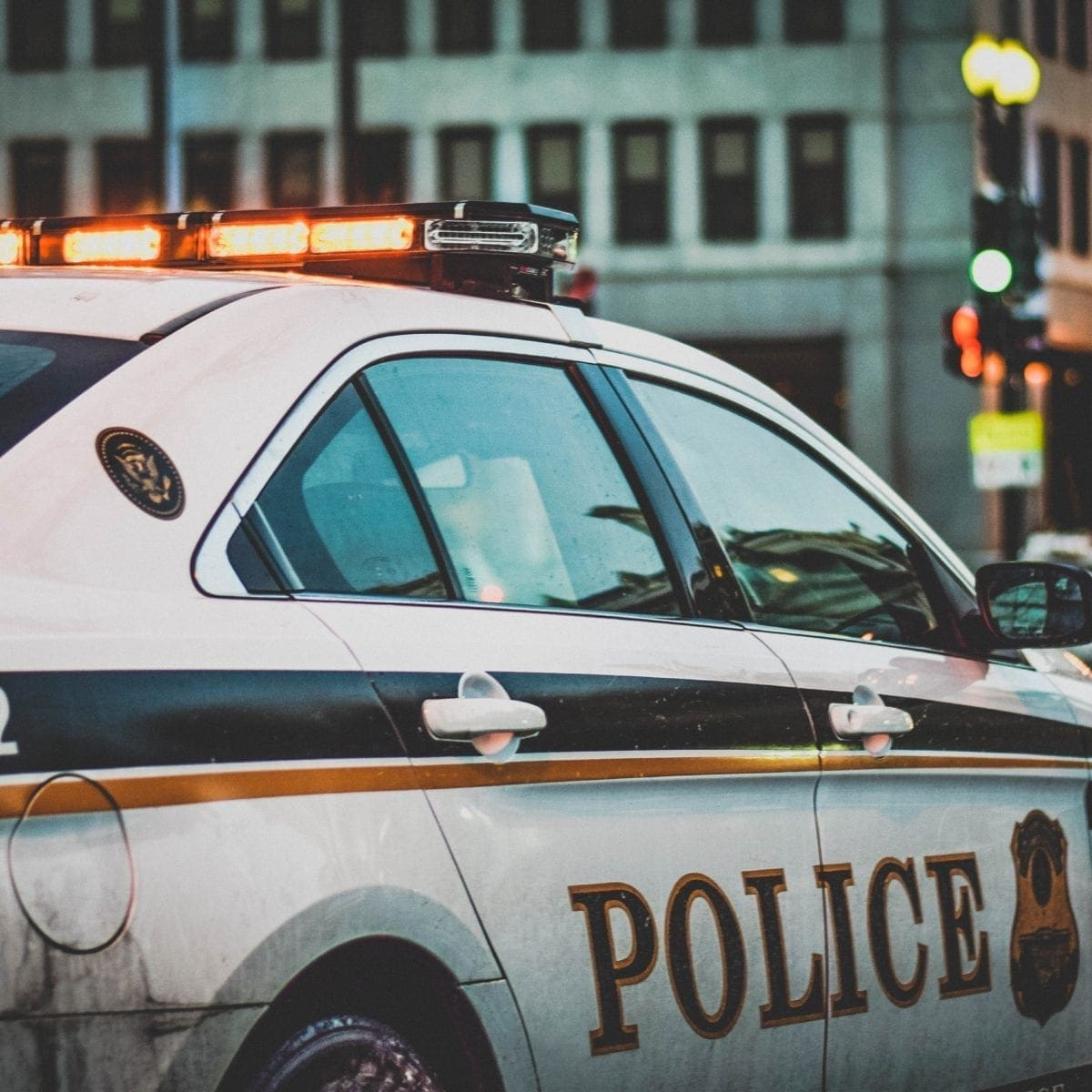 Police car in a city.